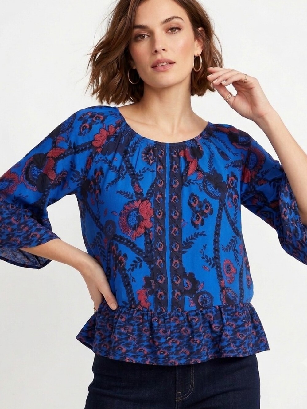 Style & Co. Floral Pattern Pullover Top Blue Red Medium